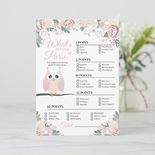 Invitation Chouette rose Floral Ce qui est dans votre sac de  (Debout devant)