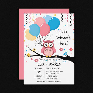 Invitation Chouette rose mignonne avec ballons et Baby shower