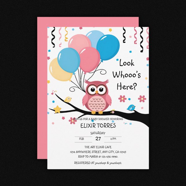 Invitation Chouette rose mignonne avec ballons et Baby shower (Créateur téléchargé)