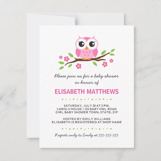 Invitation Chouette rose pâle sur le baby shower de la fillet (Devant)