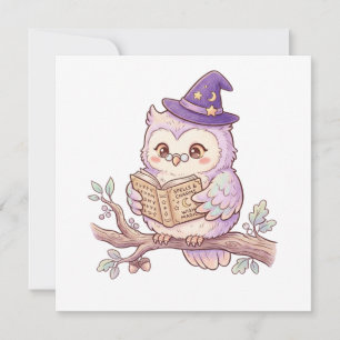 Invitation Chouette Sorcière Mignonne Lisant un Livre de Sort