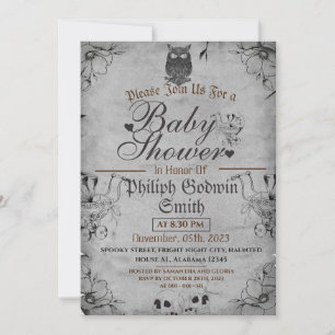 Invitation Chouette Vintage Élégant Gothique, Baby shower Hal