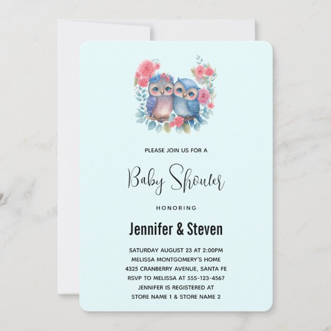 Invitation Chouettes amoureuses assis sur un Baby shower de b (Devant)