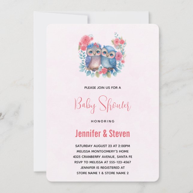 Invitation Chouettes amoureuses assis sur un Baby shower de b (Devant)