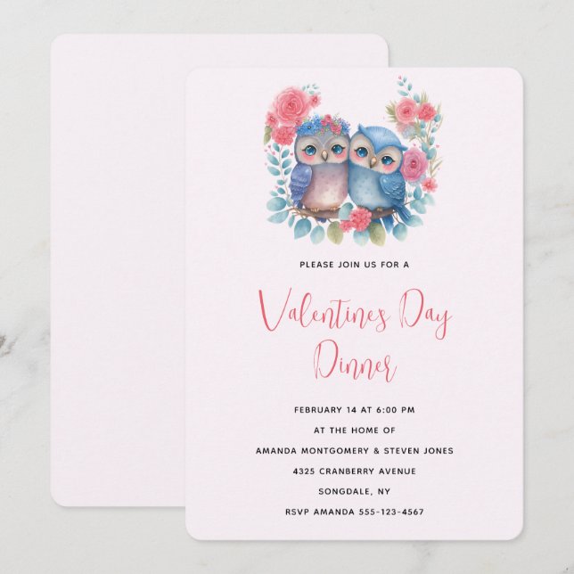 Invitation Chouettes amoureuses assis sur une branche d'arbre (Devant / Derrière)