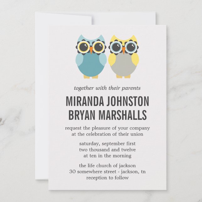 Invitation Chouettes bleues et jaunes Conception Mariages Inv (Devant)
