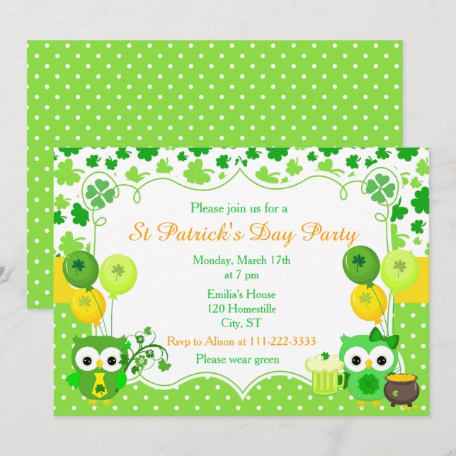 Invitation Chouettes de la fête de la Saint Patrick (Devant / Derrière)