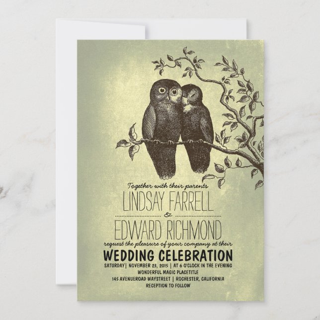 Invitation chouettes en amour & branche d'arbre mariage vinta (Devant)