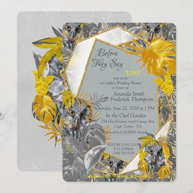 Invitation Chouettes - feuilles Plantes en gris/jaune 2021 co (Devant / Derrière)