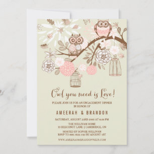 Invitation Chouettes roses et oiseaux