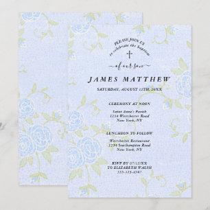 Invitation Chrétien floral de roses bleus de baptême