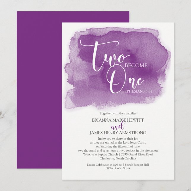 Invitation Chrétien Mariage Aquarelle violette (Devant / Derrière)