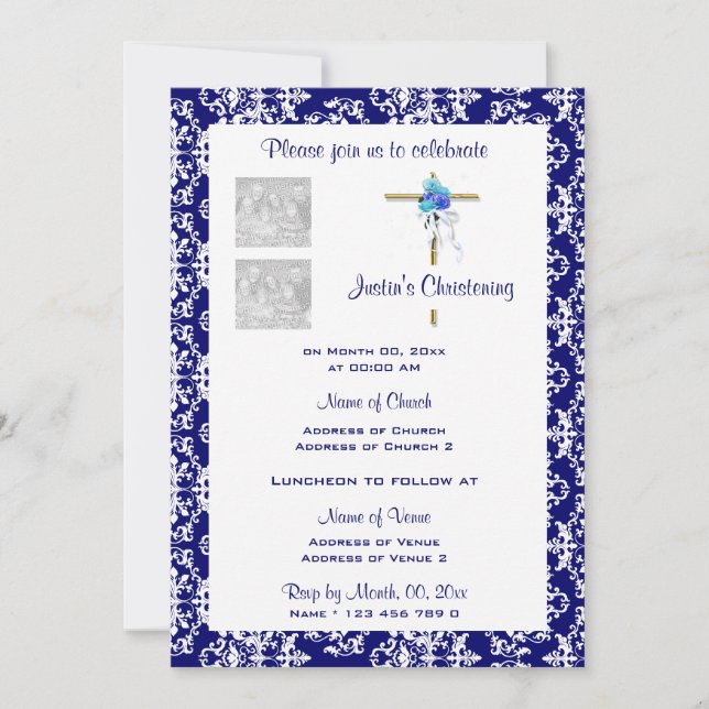 Invitation Christening bleu damassé photo PERSONNALISER (Devant)