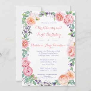 Invitation Christening classique / Anniversaire aux roses ros