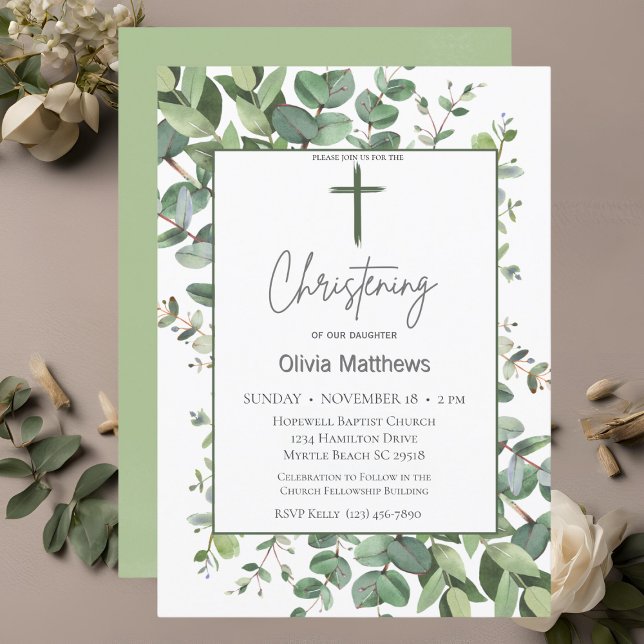 Invitation Christening Croix verte Verdure Genre Neutre (Créateur téléchargé)