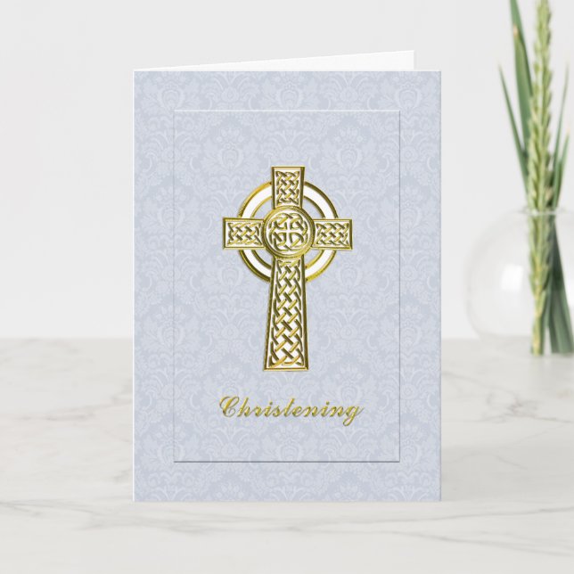 Invitation Christening Damas bleu avec Croix d'or (Devant)