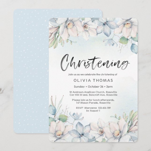 Invitation Christening | florales d'hiver bleues (Devant / Derrière)