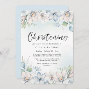 Invitation Christening   florales d'hiver bleues