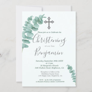 Invitation Christening Garçon Eucalyptus Verdure Moderne