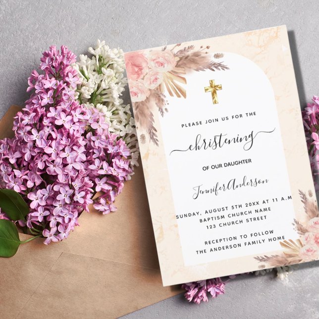 Invitation Christening pampas herbe rose blush marbre fille (Créateur téléchargé)