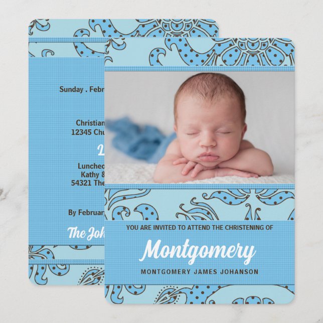 Invitation Christening pour bébé garçon bleu et Brown (Devant / Derrière)