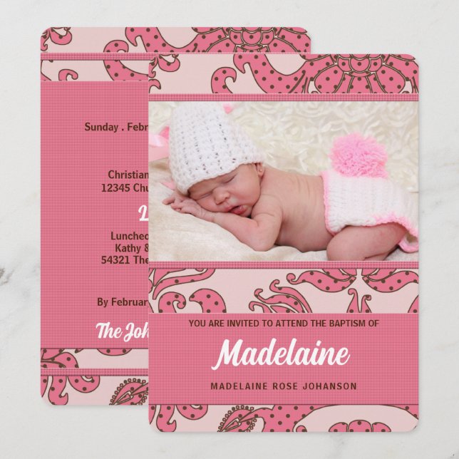 Invitation Christening rose et Brown pour fille avec photo (Devant / Derrière)