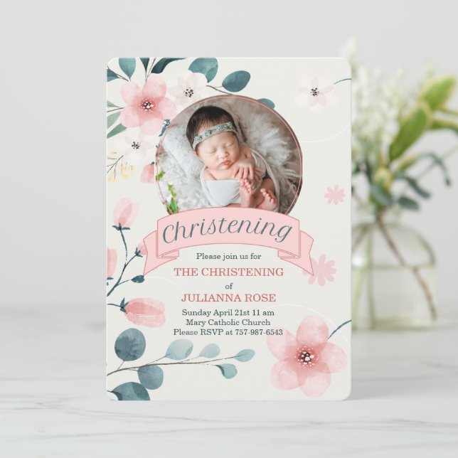 Invitation Christening rose pour les fleurs de bambins de la  (Debout devant)
