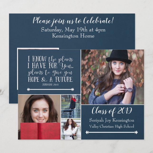 Invitation Christian Bible Verse Graduation Photo Collage (Devant / Derrière)