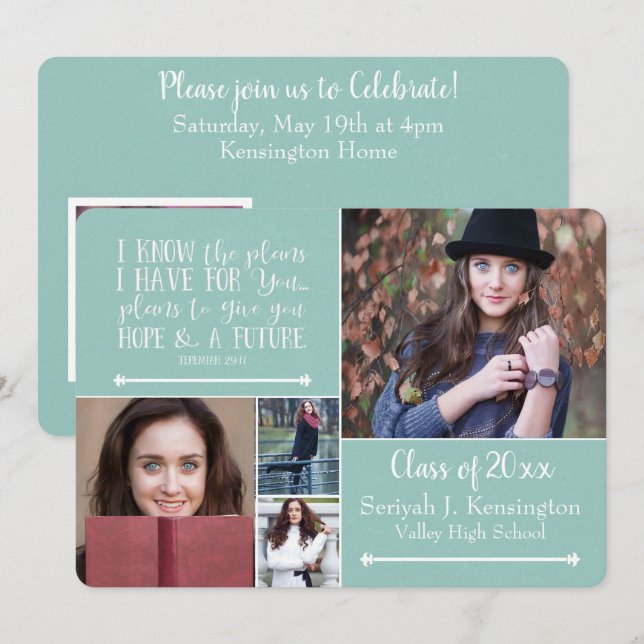 Invitation Christian Bible Verse Graduation Photo Collage (Devant / Derrière)