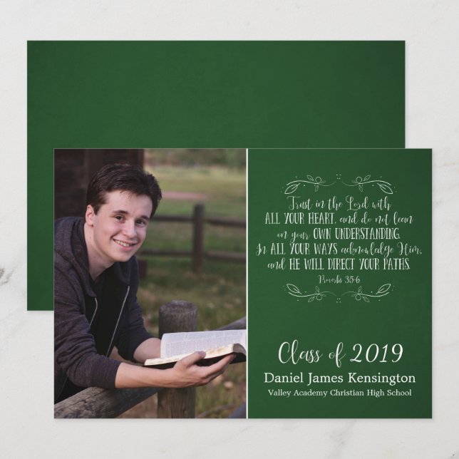 Invitation Christian Bible Verse Green Graduation Photo (Devant / Derrière)
