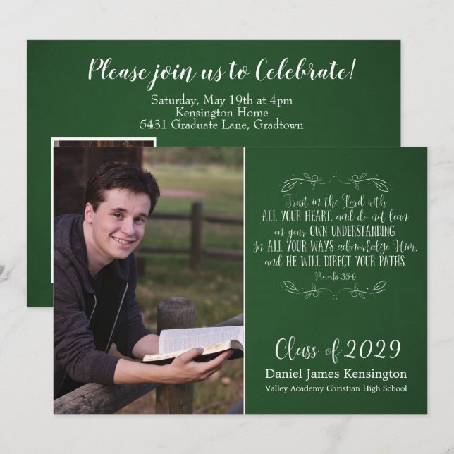 Invitation Christian Bible Verse Green Graduation Photo (Devant / Derrière)