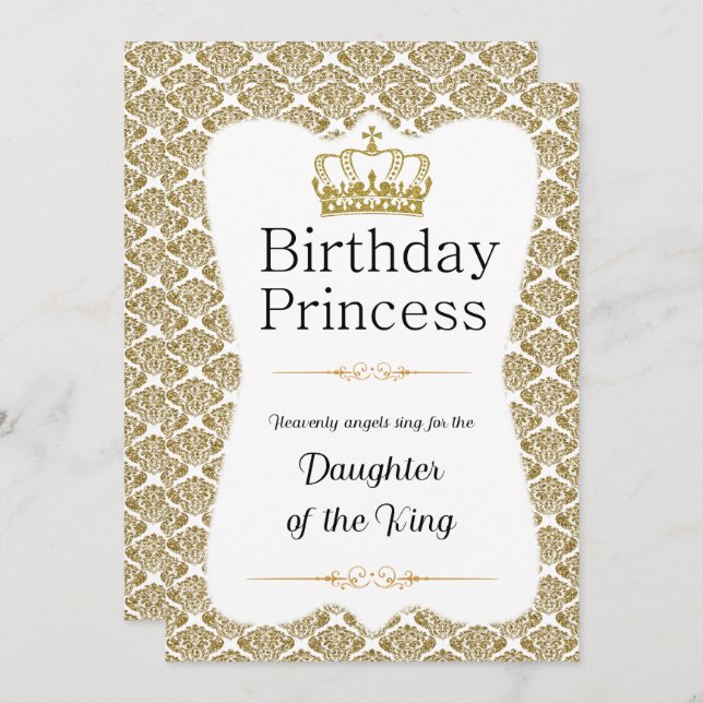Invitation Christian Birthday Princess Gold Damask (Devant / Derrière)