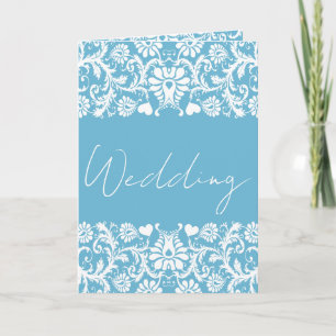 Invitation Christian Blue & White Damask Photo Mariage