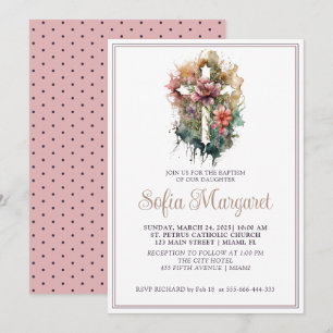 Invitation Christian Cross Watercolor Flowers Girl Baptism