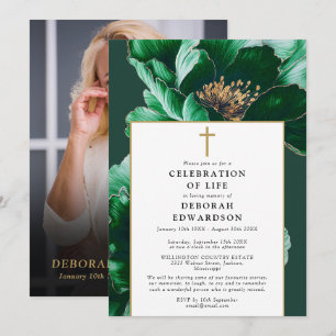 Invitation Christian Green Floral Célébration De La Vie Photo