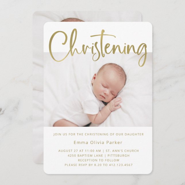 Invitation Christine | Or minimal simple avec deux photos (Devant / Derrière)