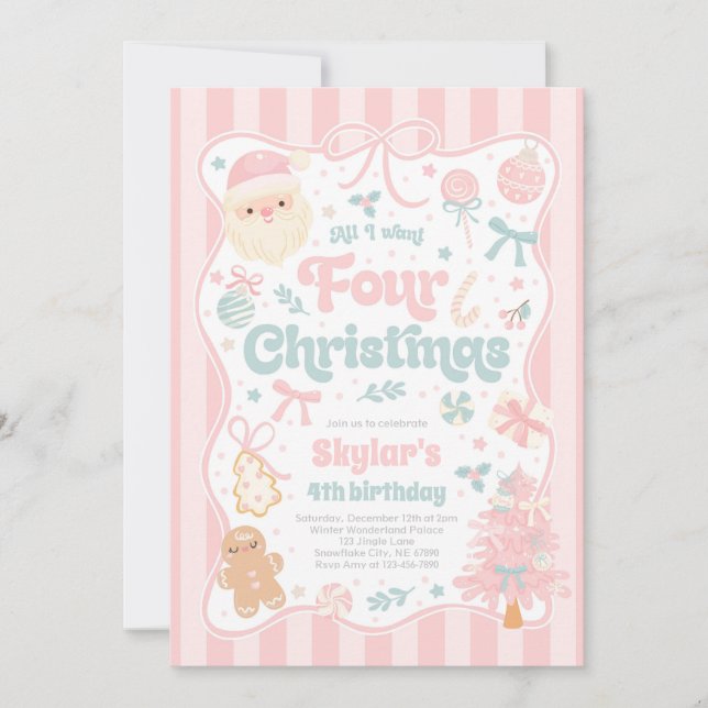 Invitation Christmas 4th Birthday Party Coquette Bow Birthday (Devant)