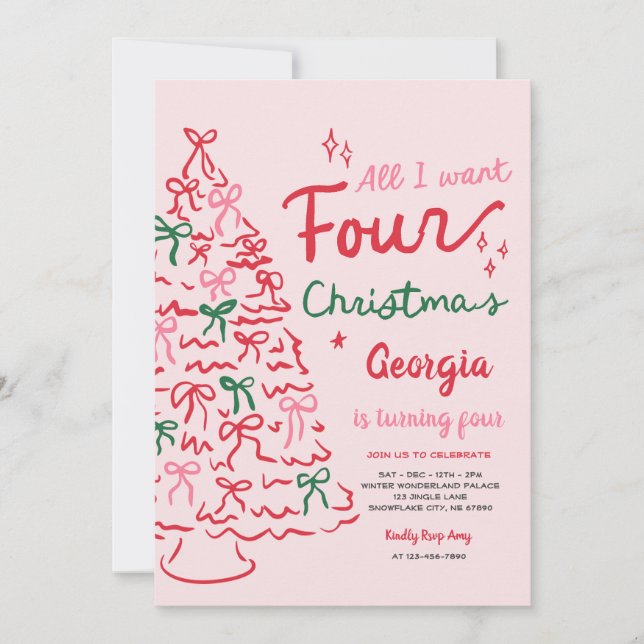 Invitation Christmas 4th Coquette Bow Christmas Tree Birthday (Devant)