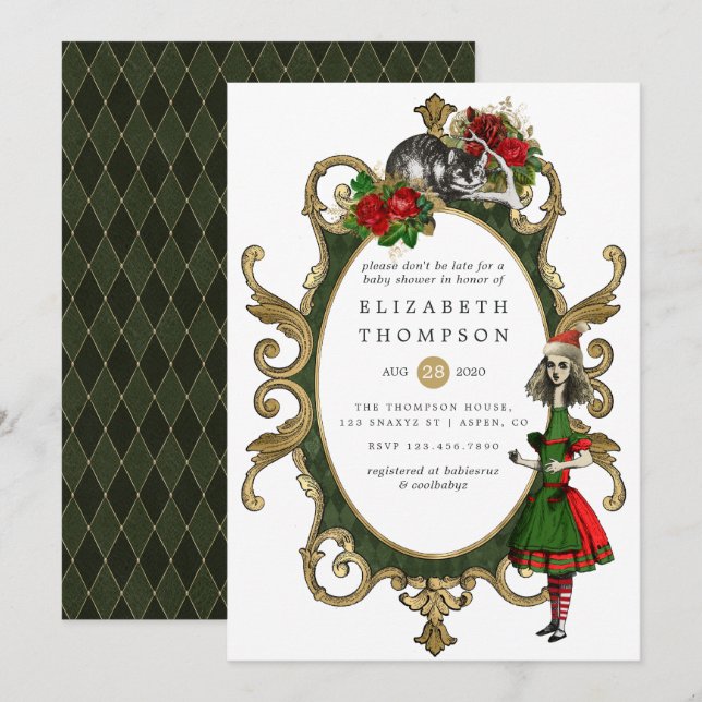 Invitation Christmas Alice In Wonderland Baby shower (Devant / Derrière)