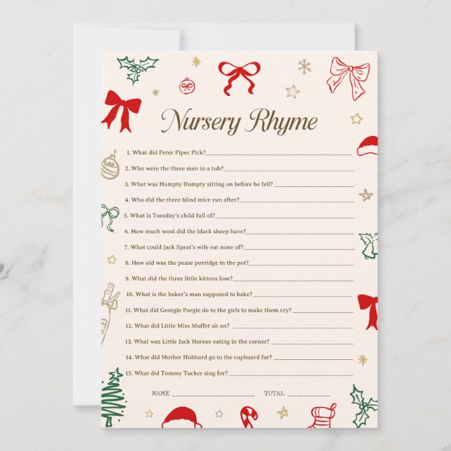Invitation Christmas Baby Shower Nursery Rhyme Game Printable (Devant)