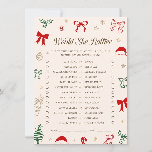 Invitation Christmas Baby Shower Would She Rather Game Card (Devant)