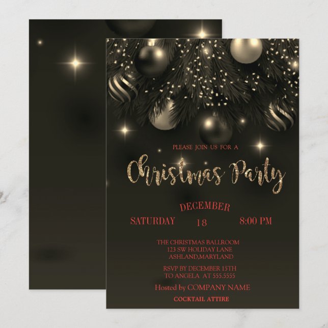 Invitation Christmas Balls Black Christmas Company Party (Devant / Derrière)