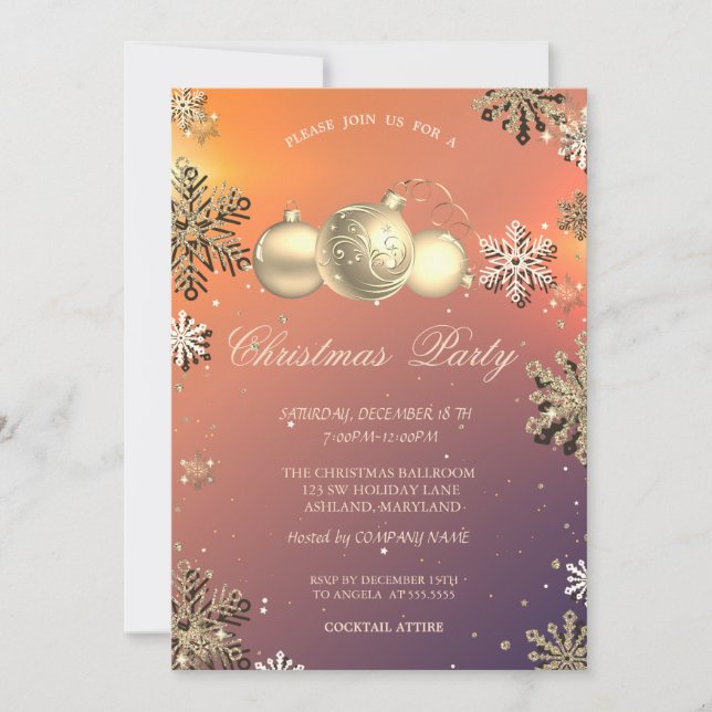 Invitation Christmas Balls, Gold Snowflakes Company Party (Devant)