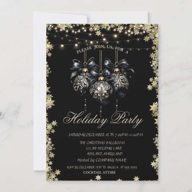 Invitation Christmas Balls Gold Stars Black Holiday (Devant)
