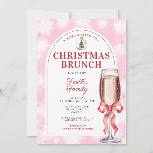 Invitation Christmas Brunch Party Red Bow Wine Pink Gingham (Devant)