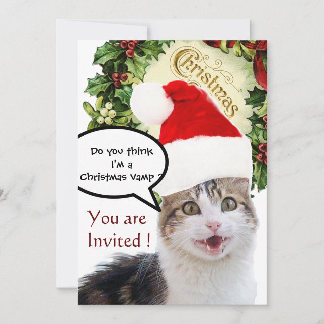 INVITATION CHRISTMAS CAT AVEC SANTA CLAUS CASQUETTE FÊTE DE V (Devant)