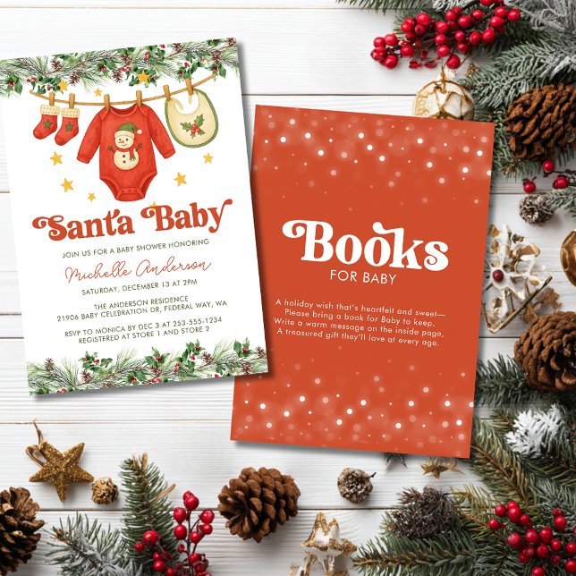 Invitation Christmas Clothesline Baby Shower and Book Request (Christmas Clothesline Baby Shower and Book Request Invitation)