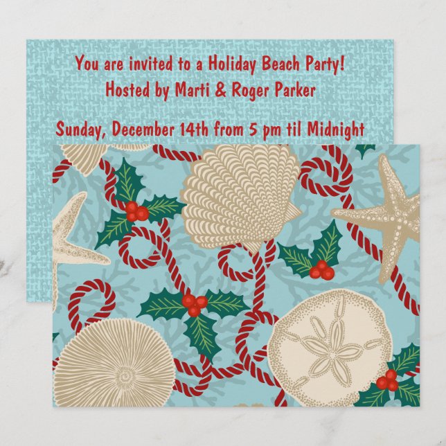 Invitation Christmas Coastal Tropical Sea Shells - Aqua & Red (Devant / Derrière)