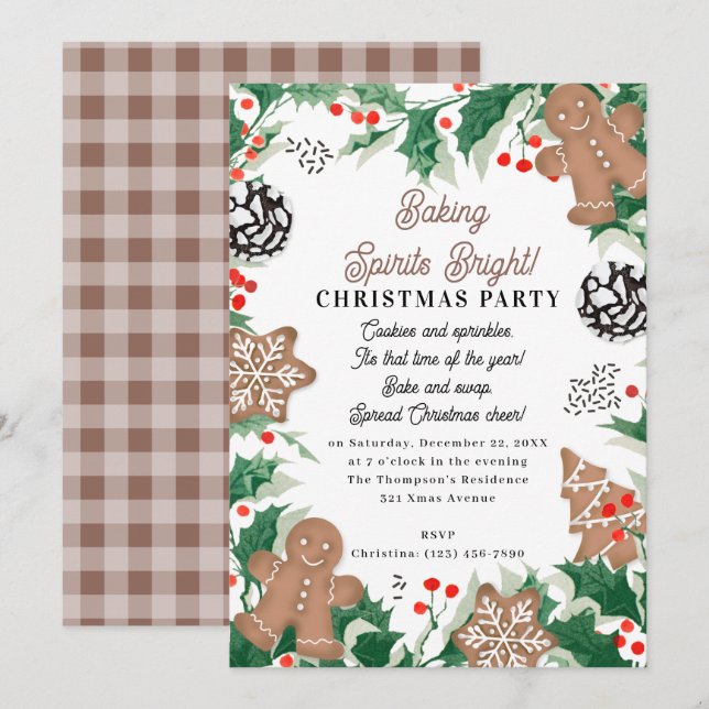 Invitation Christmas Cookie Swap Baking Spirits Bright (Devant / Derrière)