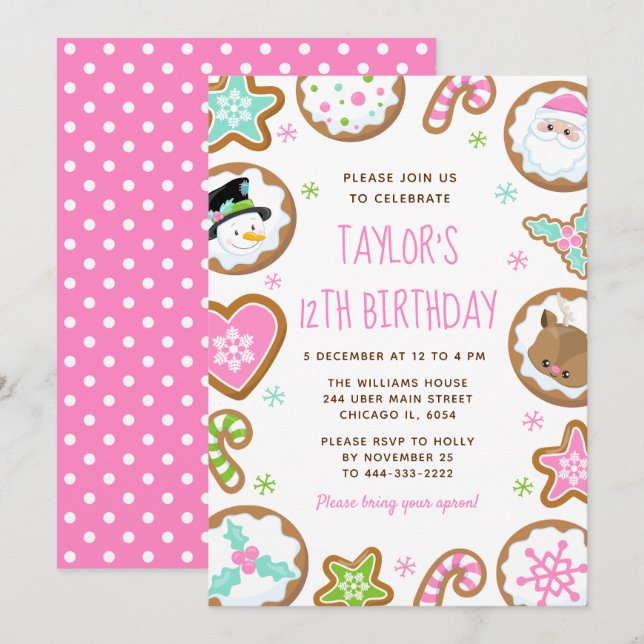 Invitation Christmas Cookies Birthday Party Pink and Green (Devant / Derrière)
